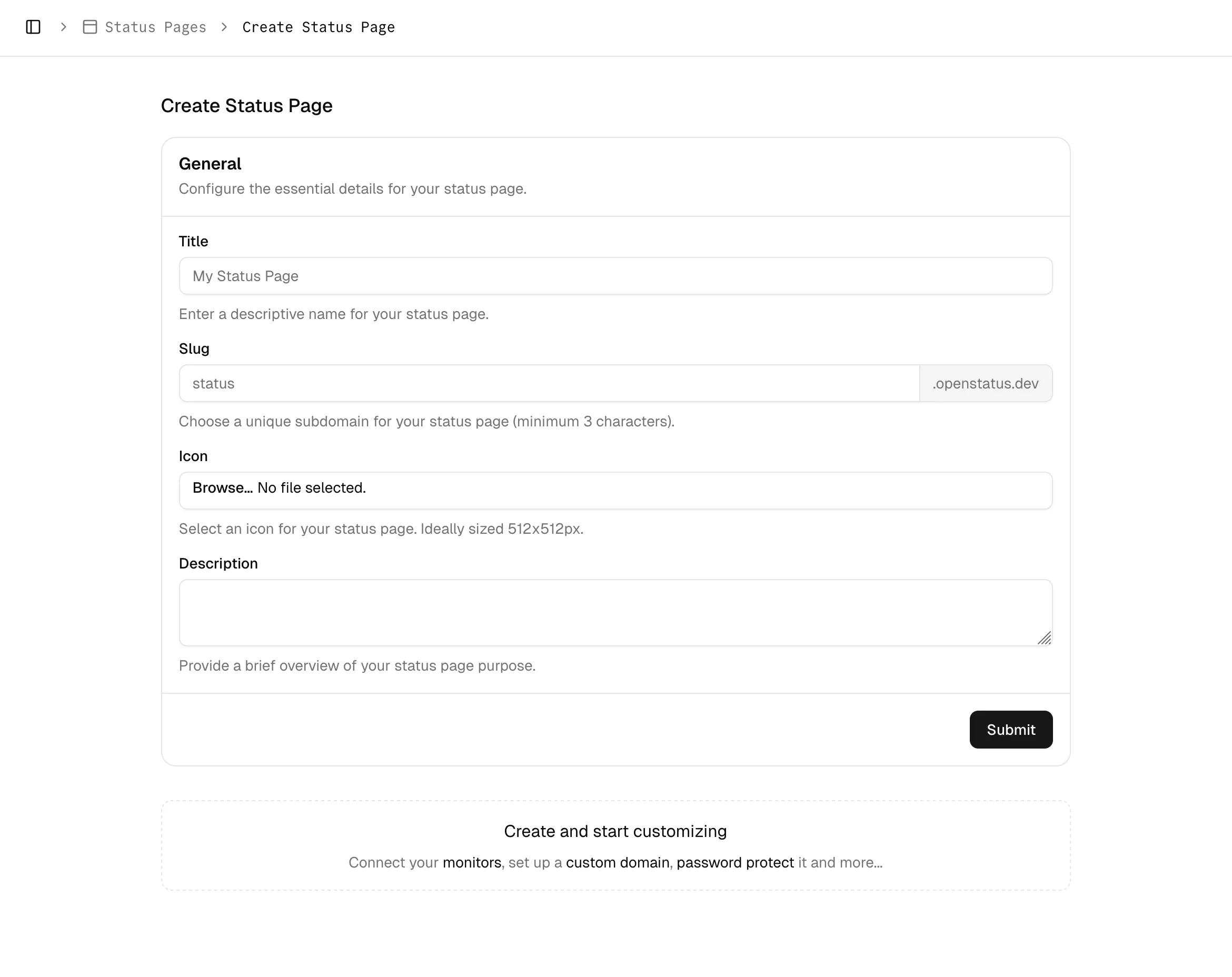 Status Pages sidebar with the Create Status Page button highlighted